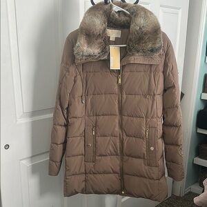 Michael Kors Brown Puffer Jacket with Faux Fur Collar